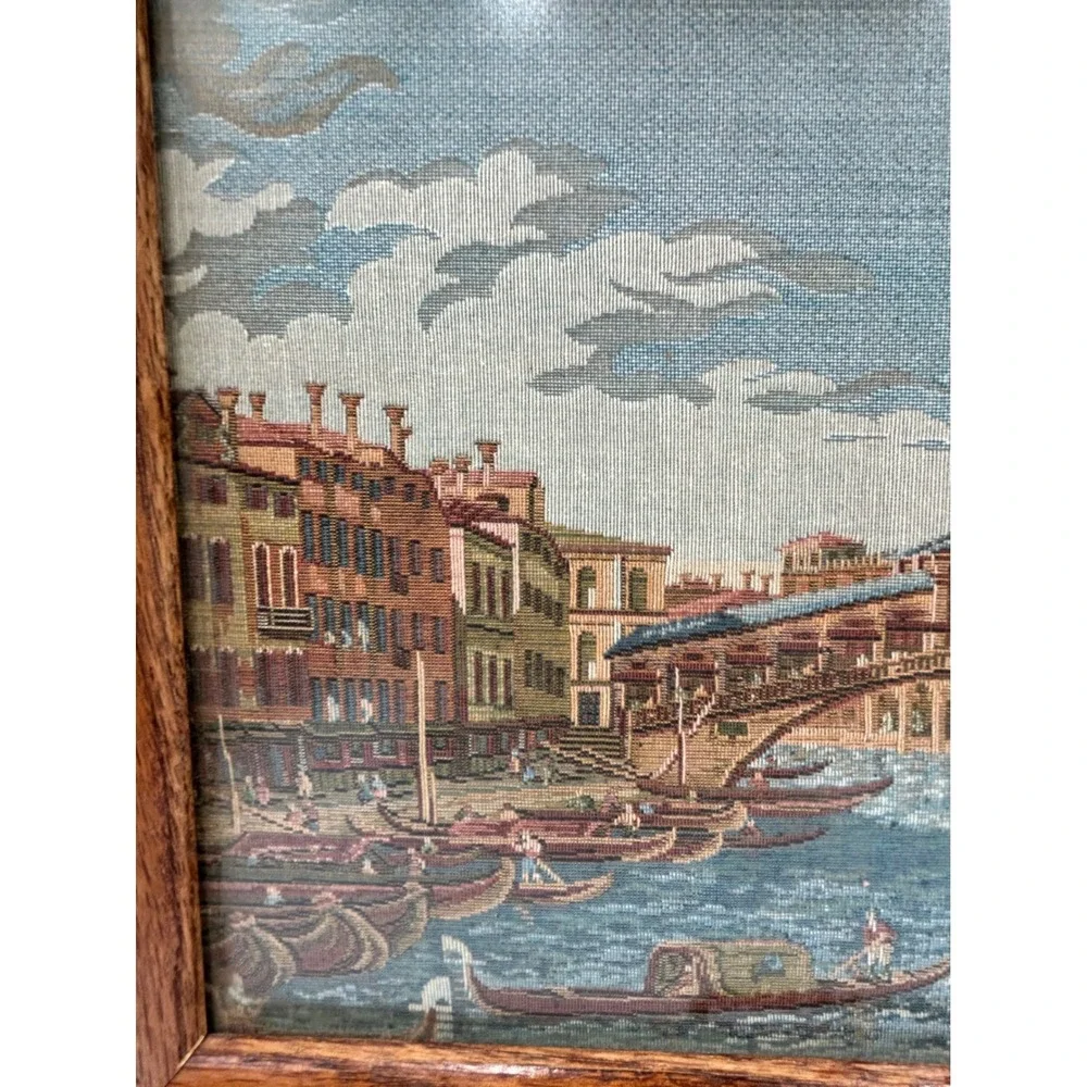 Framed Tapestry Blue Venice Italy Rialto Bridge Wall Art EUC 12 W x 9.5 H Inches